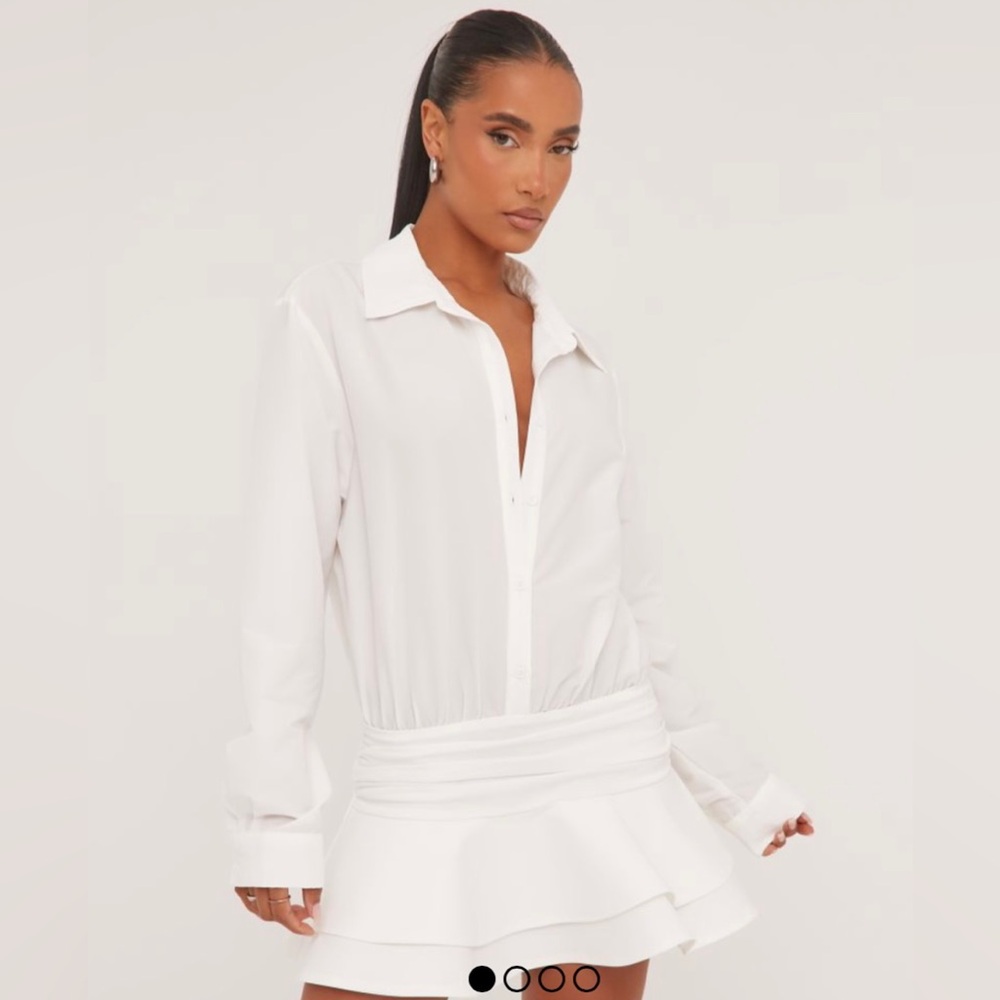 NEW” LONG SLEEVE PLUNGE NECKLINE FLIPPY HEM SHIRT MINI DRESS IN WHITE